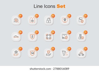 Set line Burning car, Tornado, Shield hand, Graduation cap with shield, House, Money bag, Delivery security and Lifebuoy icon. Vector