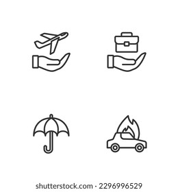 Set line Burning car, Umbrella, Plane hand and Hand holding briefcase icon. Vector