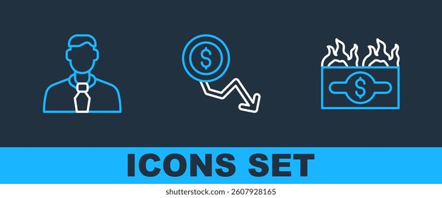 Set line Burning dollar bill, Worker and Dollar rate decrease icon. Vector