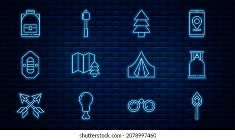 Set line Burning match with fire, Camping gas stove, Tree, Location of the forest, Rafting boat, Hiking backpack, Tourist tent and Marshmallow stick icon. Vector