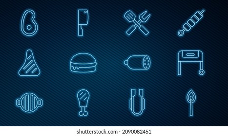 Set Line Burning Match With Fire, Barbecue Grill, Crossed Fork And Spatula, Burger, Steak Meat, Salami Sausage And Meat Chopper Icon. Vector