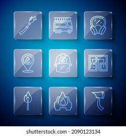 Set line Burning match with fire, car, Firefighter axe, Gas mask, helmet, Location flame, hose reel and Evacuation plan icon. Vector