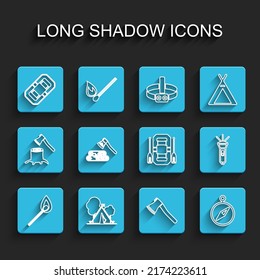 Set line Burning match with fire, Tourist tent flag, Rafting boat, Wooden axe, Compass, and wood, Flashlight and  icon. Vector