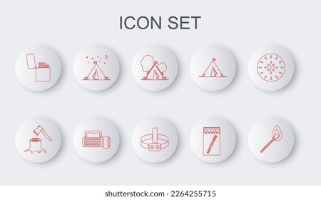 Set line Burning match with fire, Wooden axe stump, Tourist tent flag, Open matchbox and matches, Lighter, Flashlight and Head flashlight icon. Vector