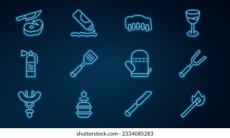 Set line Burning match with fire, Barbecue fork, Grilled pork bbq ribs, Spatula, Fire extinguisher, Steak meat and knife, Oven glove and Ketchup bottle icon. Vector