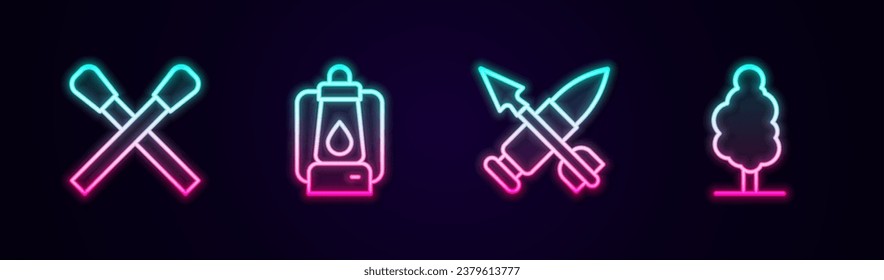Set line Burning match with fire, Camping lantern, Crossed bullet arrow and Tree. Glowing neon icon. Vector