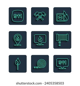 Set line Burning match with fire, Fire hose reel, Emergency call 911, Electric wiring of socket, Location flame,  and  icon. Vector