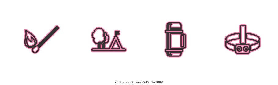 Set line Burning match with fire, Thermos container, Tourist tent flag and Head flashlight icon. Vector
