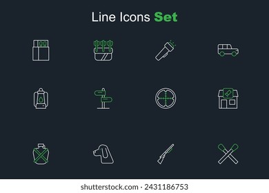 Set line Burning match with fire, Hunting gun, dog, Canteen water bottle, shop, Sniper optical sight, Road traffic sign and Camping lantern icon. Vector