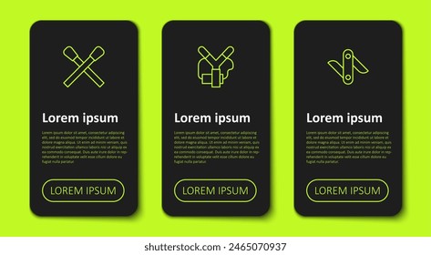 Set line Burning match with fire, Slingshot and Swiss army knife. Business infographic template. Vector