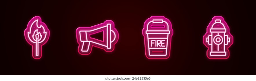 Set line Burning match with fire, Megaphone, Fire bucket and hydrant. Glowing neon icon. Vector