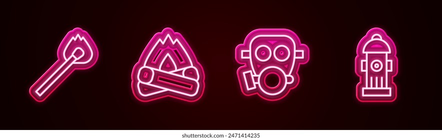 Juego de línea Quema partido con fuego, fogata, máscara de gas y boca de incendios. Icono de neón brillante. Vector