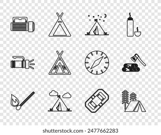 Set line Brennendes Match mit Feuer, Touristenzelt, Flagge, Taschenlampe, Rafting-Boot und Holzaxt und Holz-Ikone. Vektorgrafik