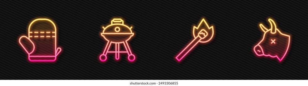 Set line Burning match with fire, Oven glove, Barbecue grill and Cow head. Glowing neon icon. Vector