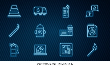 Set line Burning match with fire, Canister for flammable liquids, Fire burning building, hydrant, Cigarette, Traffic cone, Building of station and Water delivery truck icon. Vector