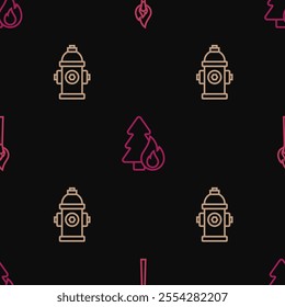 Set line Burning match with fire, Fire hydrant and forest tree on seamless pattern. Vector