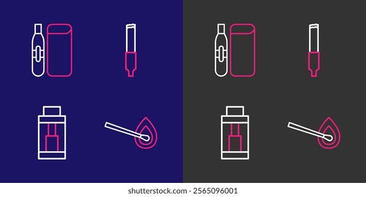 Set line Burning match with fire, Vape mod device, Cigarette and Electronic cigarette icon. Vector