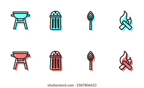 Set line Burning match with fire, Barbecue grill, Salt and Campfire icon. Vector