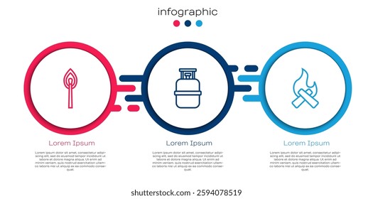 Set line Burning match with fire, Propane gas tank and Campfire. Business infographic template. Vector