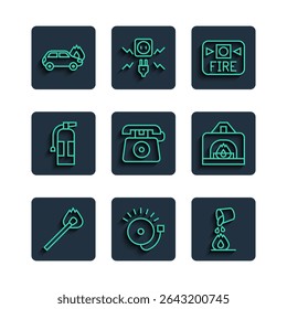 Set line Burning match com fogo, Toque alarme sino, Extinção de balde, Sistema de incêndio, Chamada telefônica 911, extintor, carro e ícone de lareira interior. Vetor