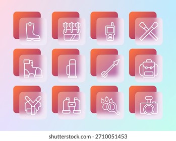Fije la línea Partido ardiente con el fuego, los binoculares, la flecha medieval, la búsqueda de la pata, el envase del termo, el walkie talkie, la bota de goma impermeable y el icono de las flechas de Quiver. Vector