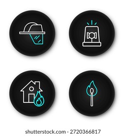 Fije la línea del fósforo ardiente con el fuego, la casa ardiente del fuego, la sirena del destellador y el icono del casco del bombero. Vector