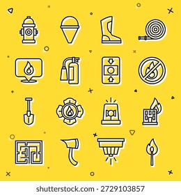 Definir linha Queimando combinar com fogo, fogo queimando edifício, Não, botas, extintor, local da chama, hidrante e ícone do sistema de alarme. Vetor