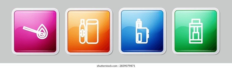 Set line Burning match with fire, Electronic cigarette, Vape mod device and . Colorful square button. Vector