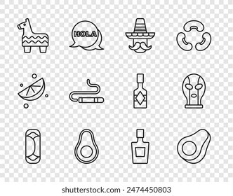 Set line Burrito, Fruta de aguacate, sombrero mexicano, Pinata, cigarro, botella de tequila e icono de luchador. Vector