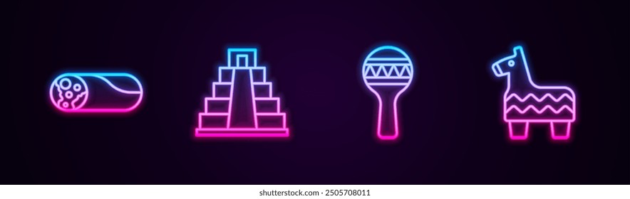 Set line Burrito, Chichen Itza in Mayan, Maracas and Pinata. Glowing neon icon. Vector