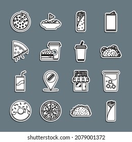 Set line Burrito, Glass with water, Taco tortilla, Coffee and burger, Slice pizza, Pizza and  icon. Vector