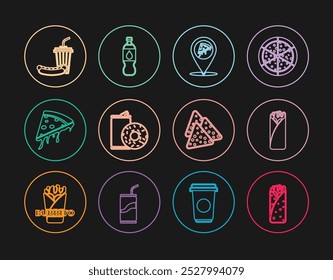 Set line Burrito, Locación con rebanada de pizza, lata de aluminio soda y donut, rebanada de, salchicha de soda, nachos y botella icono de agua. Vector