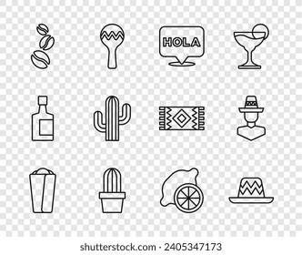 Set line Burrito, Mexican sombrero, Hola, Cactus or succulent in pot, Coffee beans, Lemon and man icon. Vector