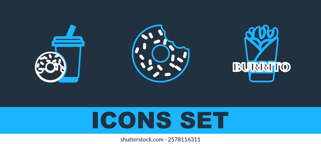 Set line Burrito, Soda drink with donut and Donut icon. Vector