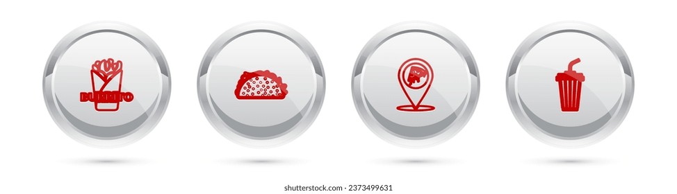 Set line Burrito, Taco with tortilla, Location slice pizza and Glass water. Silver circle button. Vector