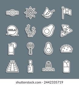 Set line Burrito, Taco with tortilla, Nachos, Hot chili pepper pod, Cactus, Hola, Wrestling championship belt and Avocado fruit icon. Vector