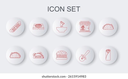 Set line Burrito, Taco with tortilla, Nachos in plate, Pizza knife, Hotdog sandwich, cardboard box,  and Burger icon. Vector