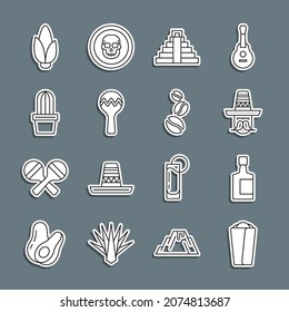 Set line Burrito, Tequila bottle, Mexican man sombrero, Chichen Itza in Mayan, Maracas, Cactus or succulent pot, Corn and Coffee beans icon. Vector