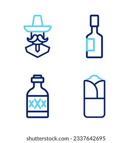 Set line Burrito, Tequila bottle, Tabasco sauce and Mexican man sombrero icon. Vector