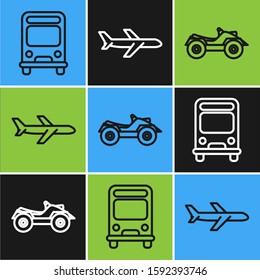 Set line Bus, All Terrain Vehicle or ATV motorcycle and Plane icon. Vector