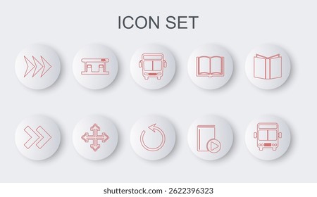 Set line Bus, Arrow, Audio book, Gas filling station, Pixel arrows four directions and Refresh icon. Vector