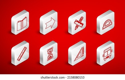 Set line Bus, Arrow, Crossed ruler and pencil, Protractor grid, Triangular, Open book, Hourglass pixel and Ruler icon. Vector