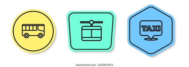 Set line Bus, Cable car and Location with taxi. Colored shapes. Vector