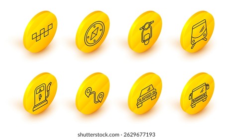 Set line Bus, Car, Route location, Electric car charging station, Tram and railway, Scooter, Compass and Taxi roof icon. Vector