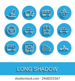 Set line Bus, Delivery cargo truck, Windsurfing, Cruise ship, Plane, Pickup, Car and Train and railway icon. Vector