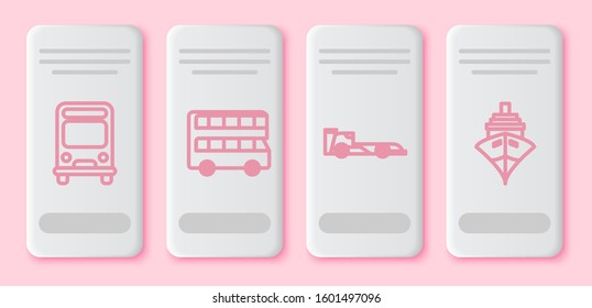 Set line Bus, Double decker bus, Formula race car and Cargo ship. White rectangle button. Vector