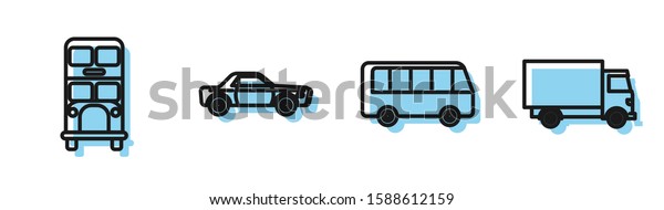 Set line Bus, Double decker bus,\
Sedan car and Delivery cargo truck vehicle icon.\
Vector
