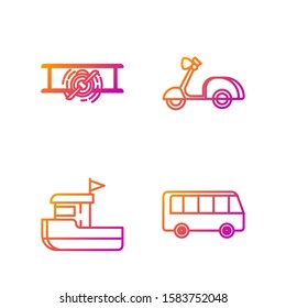 Set line Bus, Fishing boat, Old retro vintage plane and Scooter. Gradient color icons. Vector