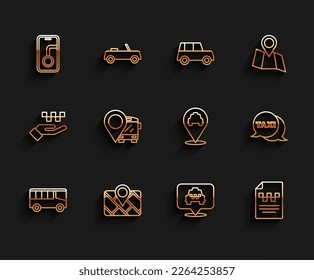 Set line Bus, Gps device with map, City navigation, Location taxi, Taxi driver license, bus, call telephone service and  icon. Vector
