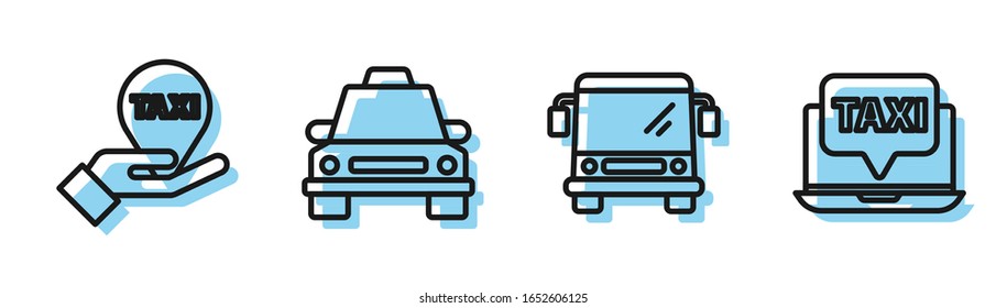 Ajuste línea Bus, Mano en el puntero del mapa con taxi, camión Taxi y servicio de llamadas de laptop. Vector